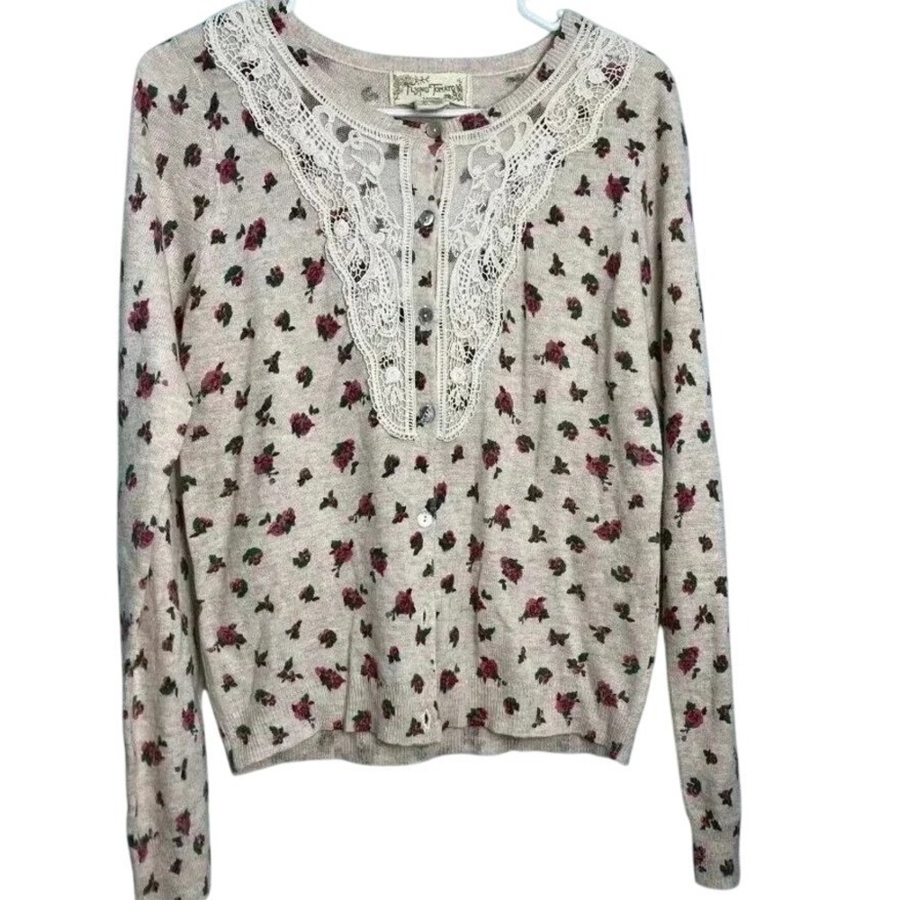 Flying Tomato Cardigan Womens L Pink Floral Lace Bib Angora Blend Sweater Shabby